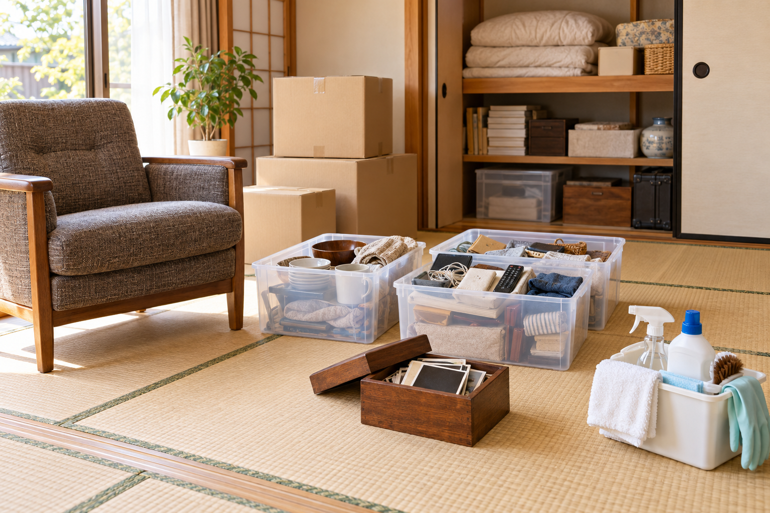 粗大ごみや引越し、空き家、遺品整理など目的別に家財を整理した室内