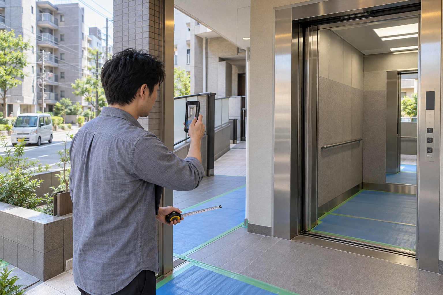 集合住宅でエレベーターや共用通路の搬出条件を確認する様子