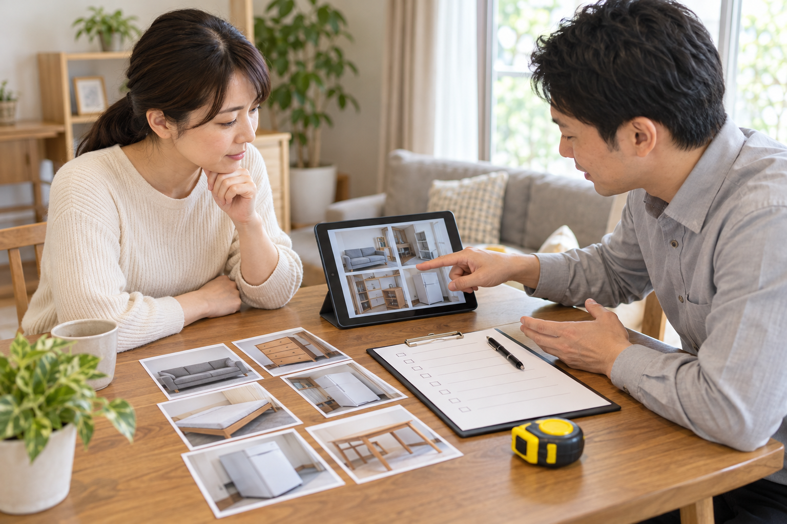 家財の写真を見ながら不用品回収の見積もり範囲を確認する様子