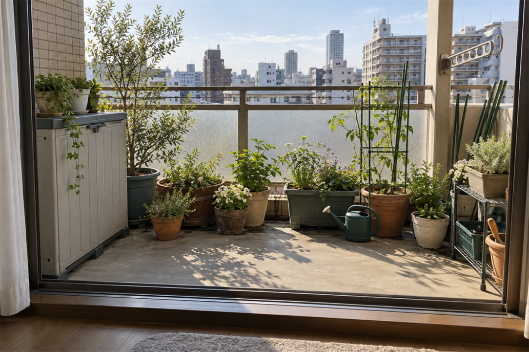 名古屋市の集合住宅のベランダに置かれた収納庫と植木鉢、園芸用品