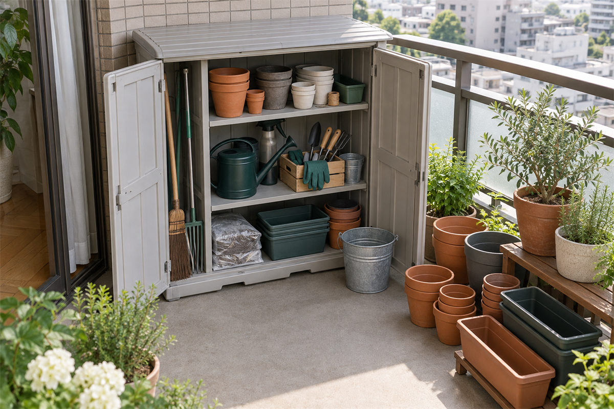 扉を開けて中身を確認できるベランダの屋外収納庫と植木鉢