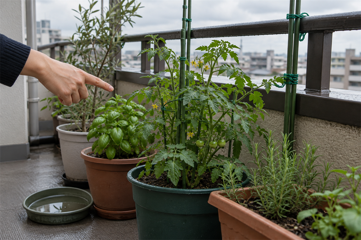 土入りの植木鉢と水が残った受け皿、固定された園芸用品