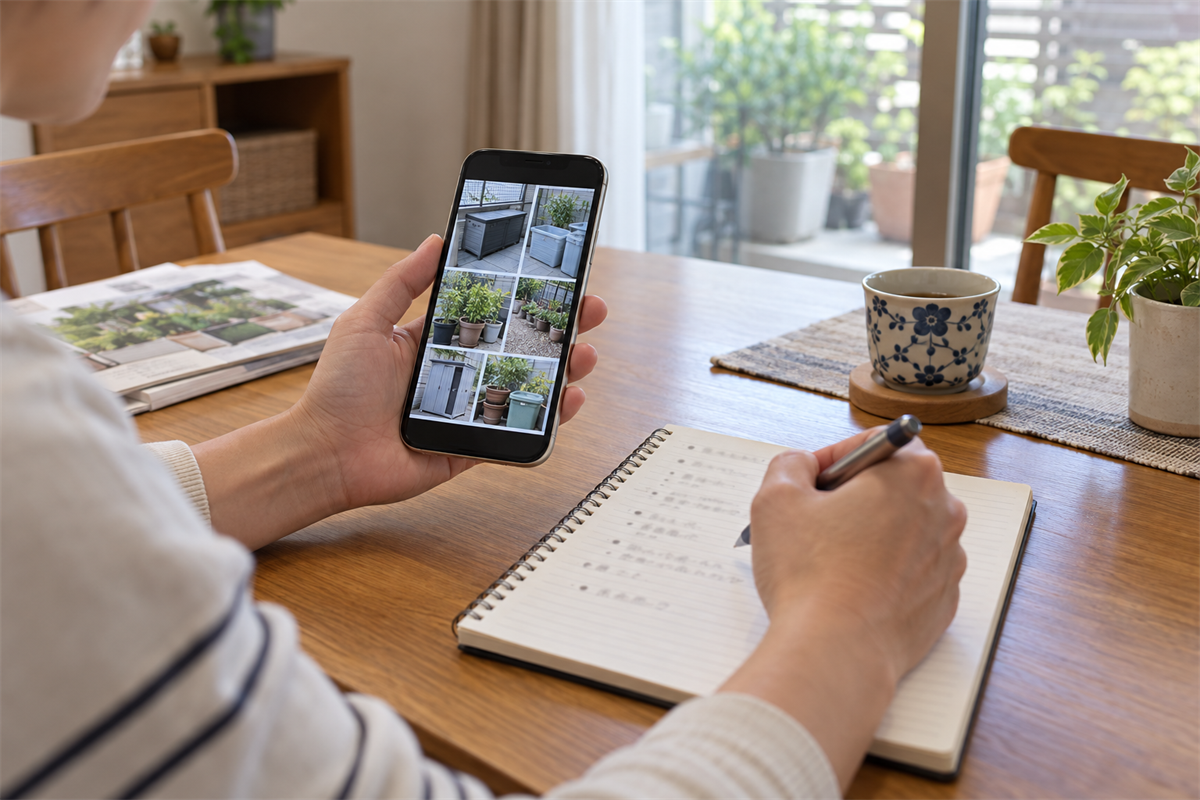 スマートフォンの写真を見ながらベランダ用品の相談内容を整理する様子