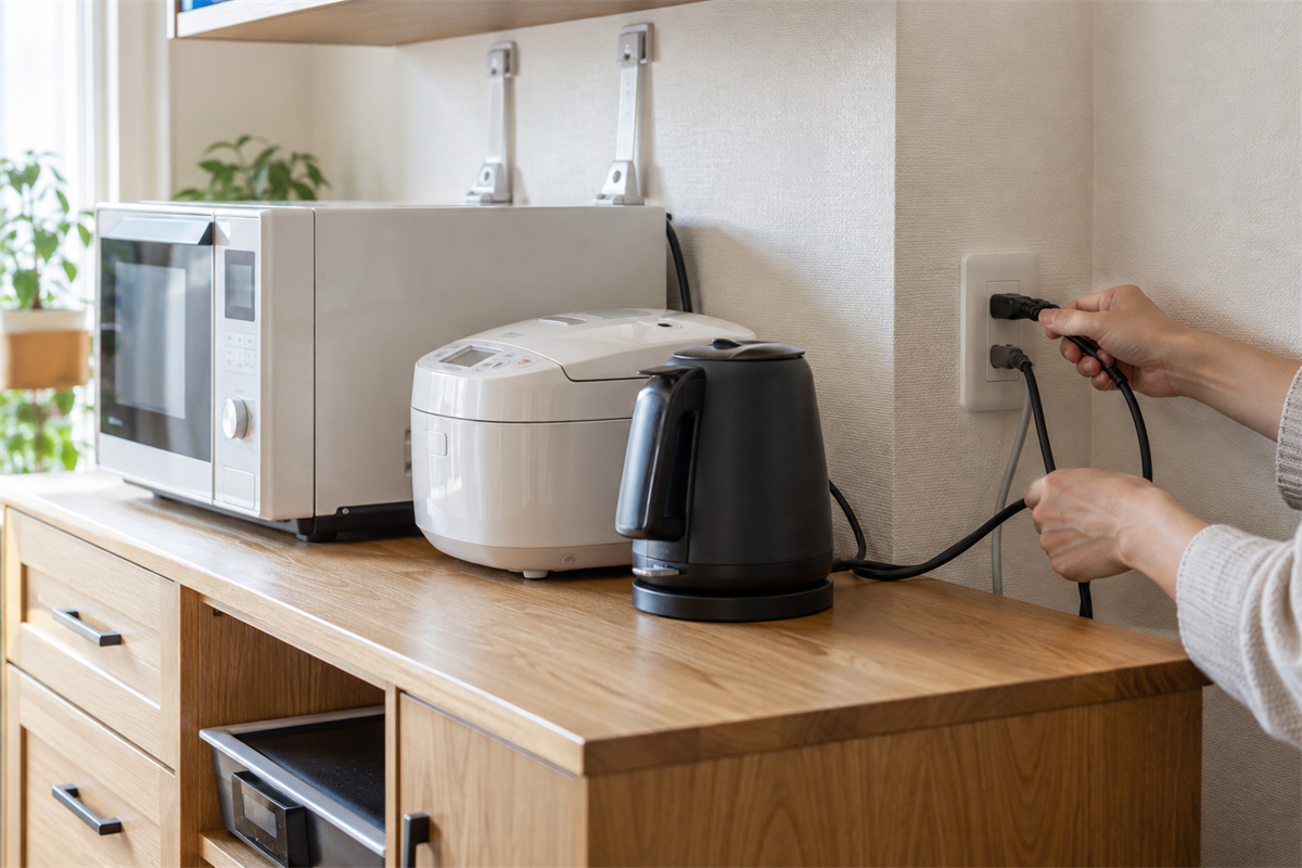 レンジ台に置かれた家電と電源、転倒防止器具