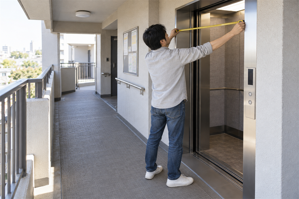 集合住宅の通路とエレベーター扉の幅を安全に確認する様子