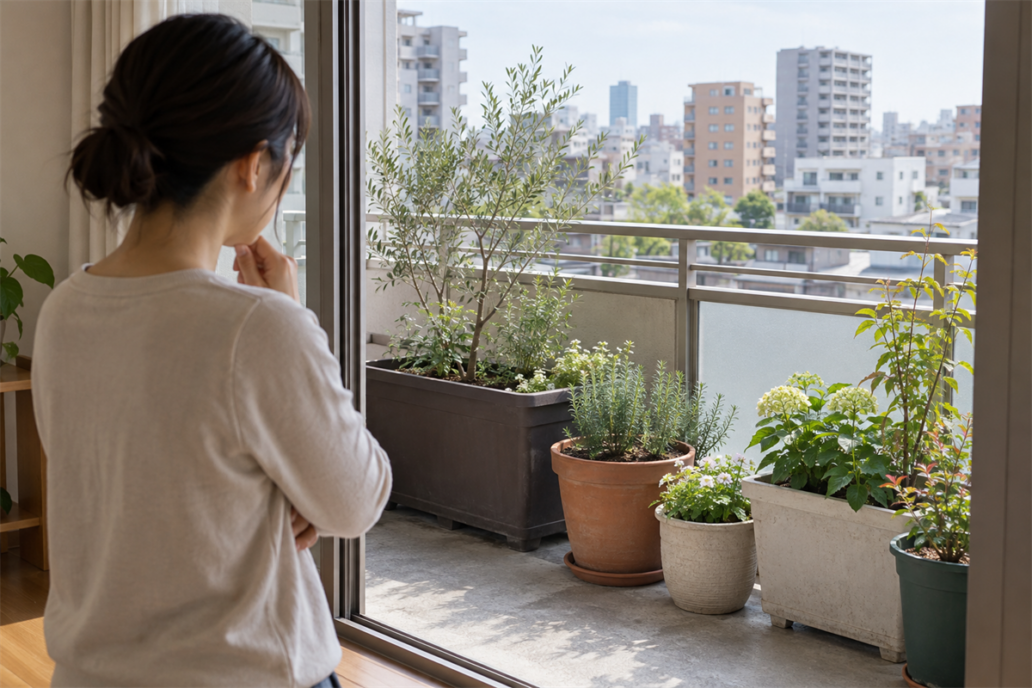 名古屋市内の集合住宅のベランダに置かれた土入りの大型プランター