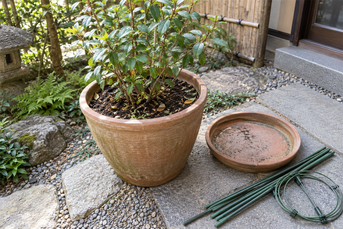植物・土・受け皿・支柱が付いた大型プランターの状態