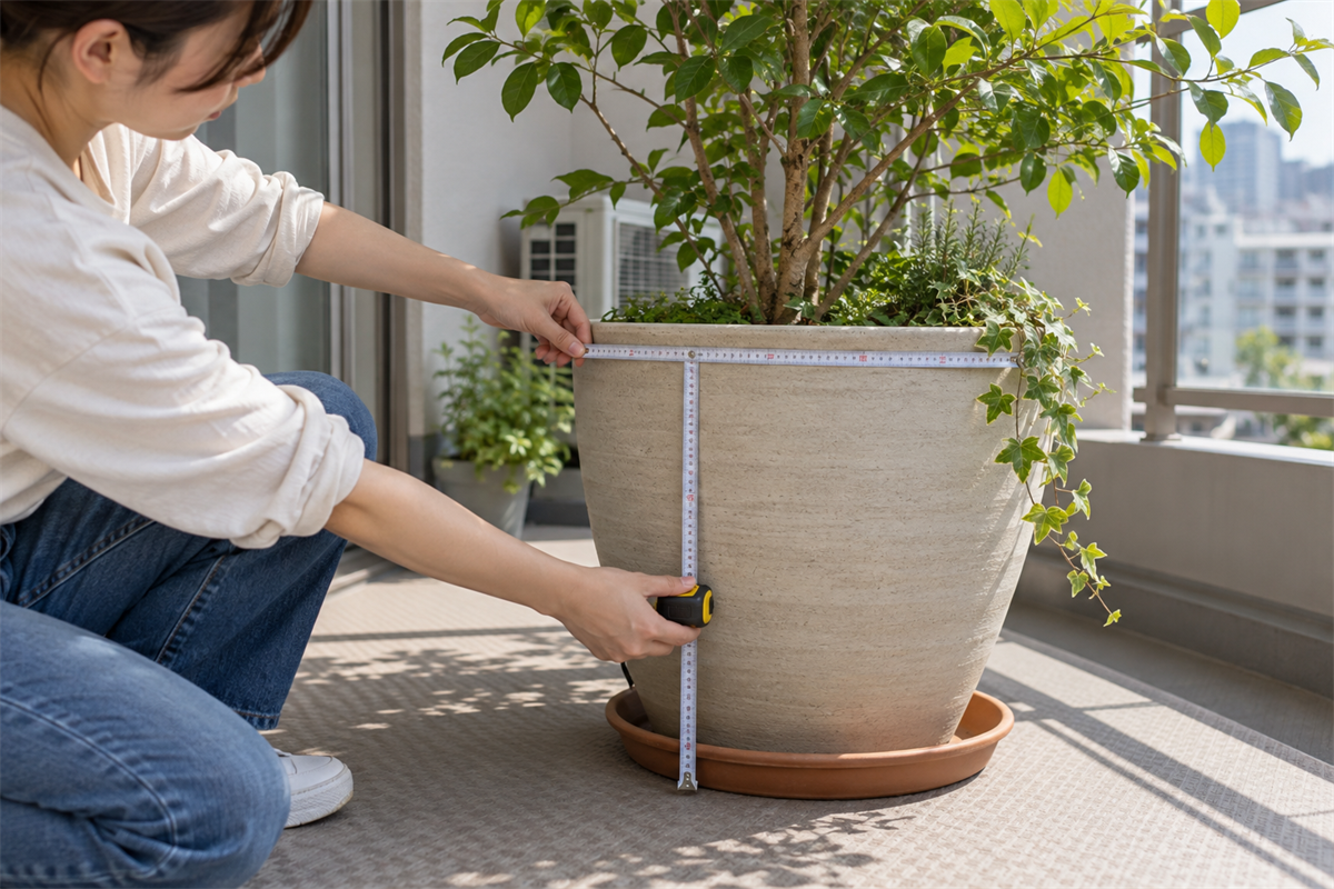 大型植木鉢の最大幅と高さを確認している様子