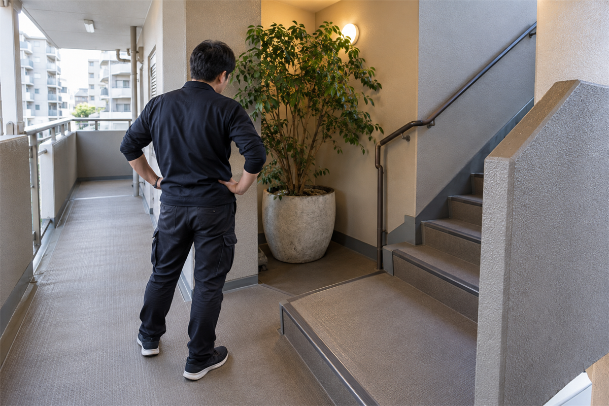大型プランターを運び出す集合住宅の階段と曲がり角