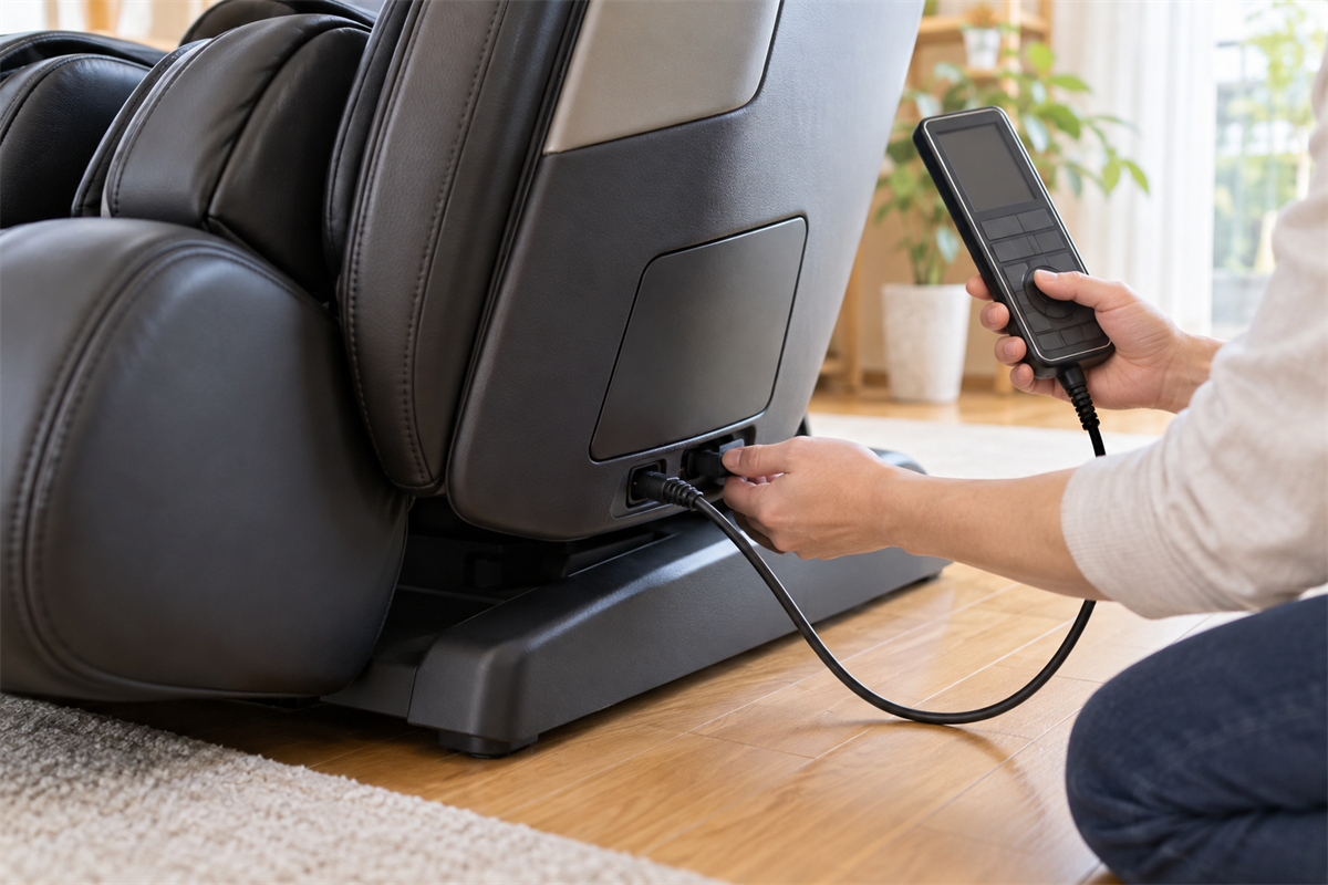 マッサージチェアの電源コードとリモコンを確認する手元