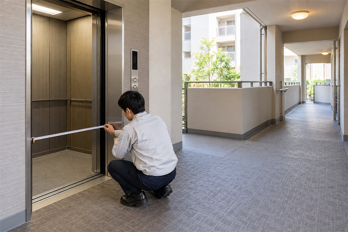 エレベーター入口と廊下幅を確認する集合住宅の共用部