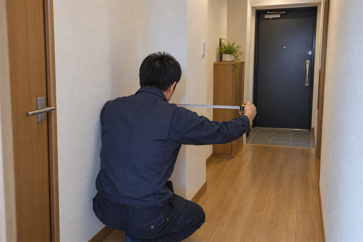 応接セットの搬出に備えて廊下と玄関の幅を測る様子