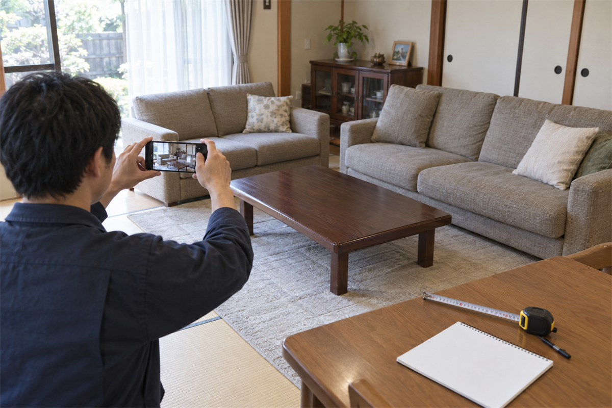 応接セットの写真と寸法をそろえて回収相談を準備する様子