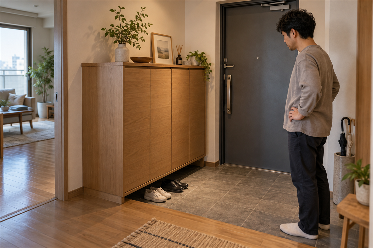 玄関ドアの近くにある大型シューズボックスの設置状況