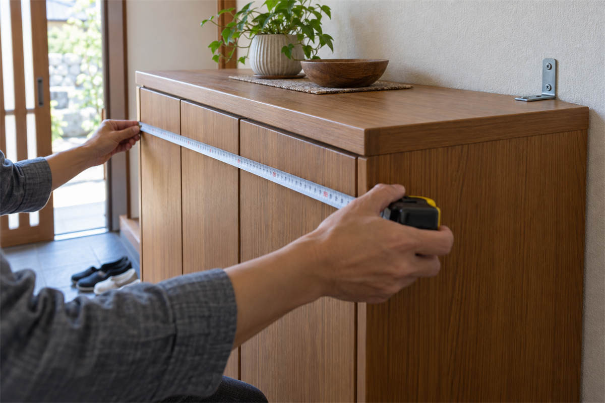 下駄箱の外寸と固定金具を確認している様子