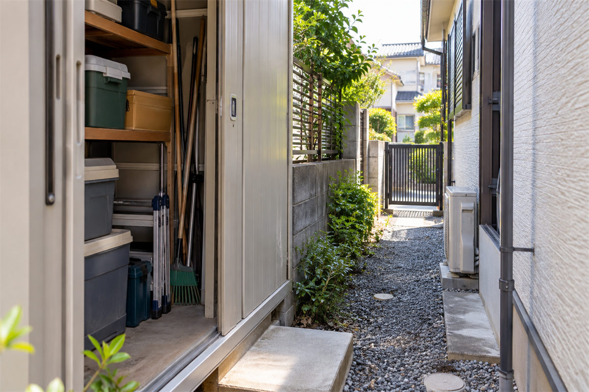 物置から門扉まで続く住宅脇の搬出経路